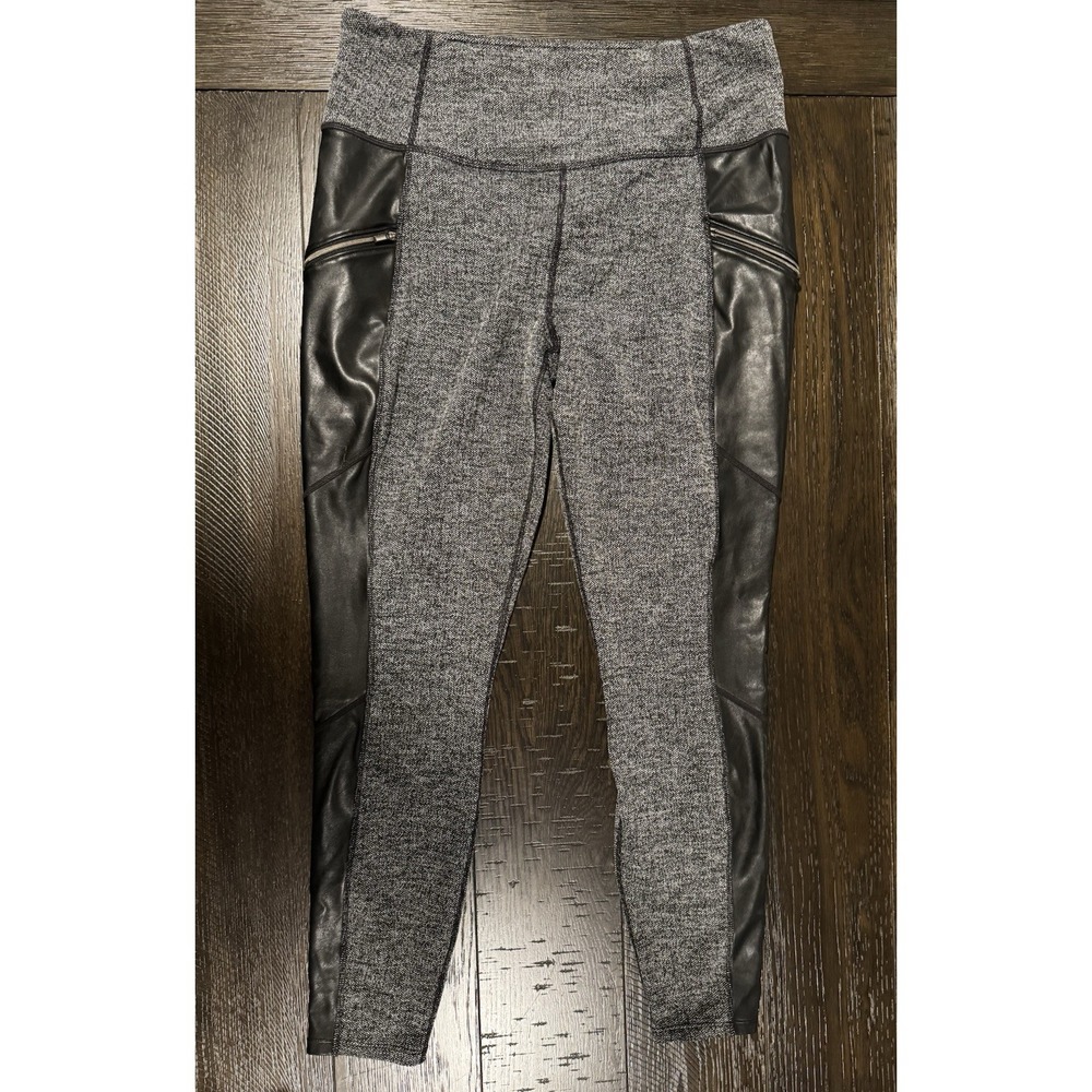 Athleta Herringbone Luxe Metro Drifter Leggings Faux Leather Pockets Grey Large